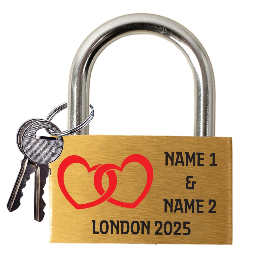 Personalized Engraved Love Lock - Wedding & Anniversary Ceremony Gift - Custom Padlock Couples Name Linked Hearts Romantic Bridge Keepsake (Linked Hearts)