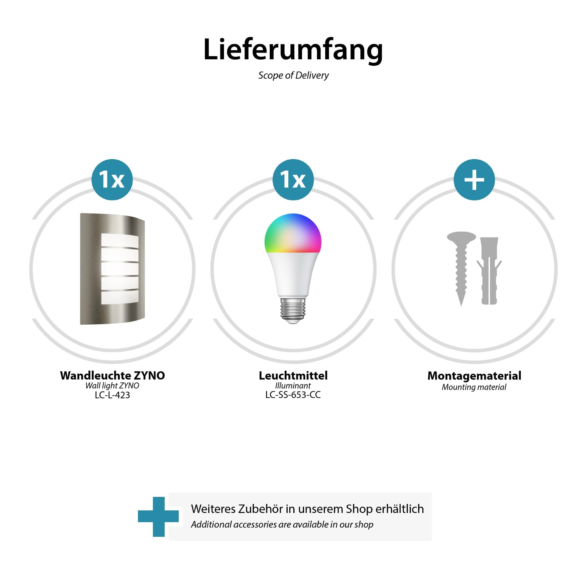 ledscom.de 2x Wandleuchte ZYNO, für außen, IP44, edelstahl, inkl. E27 LED RGB, 892lm, Smart Home
