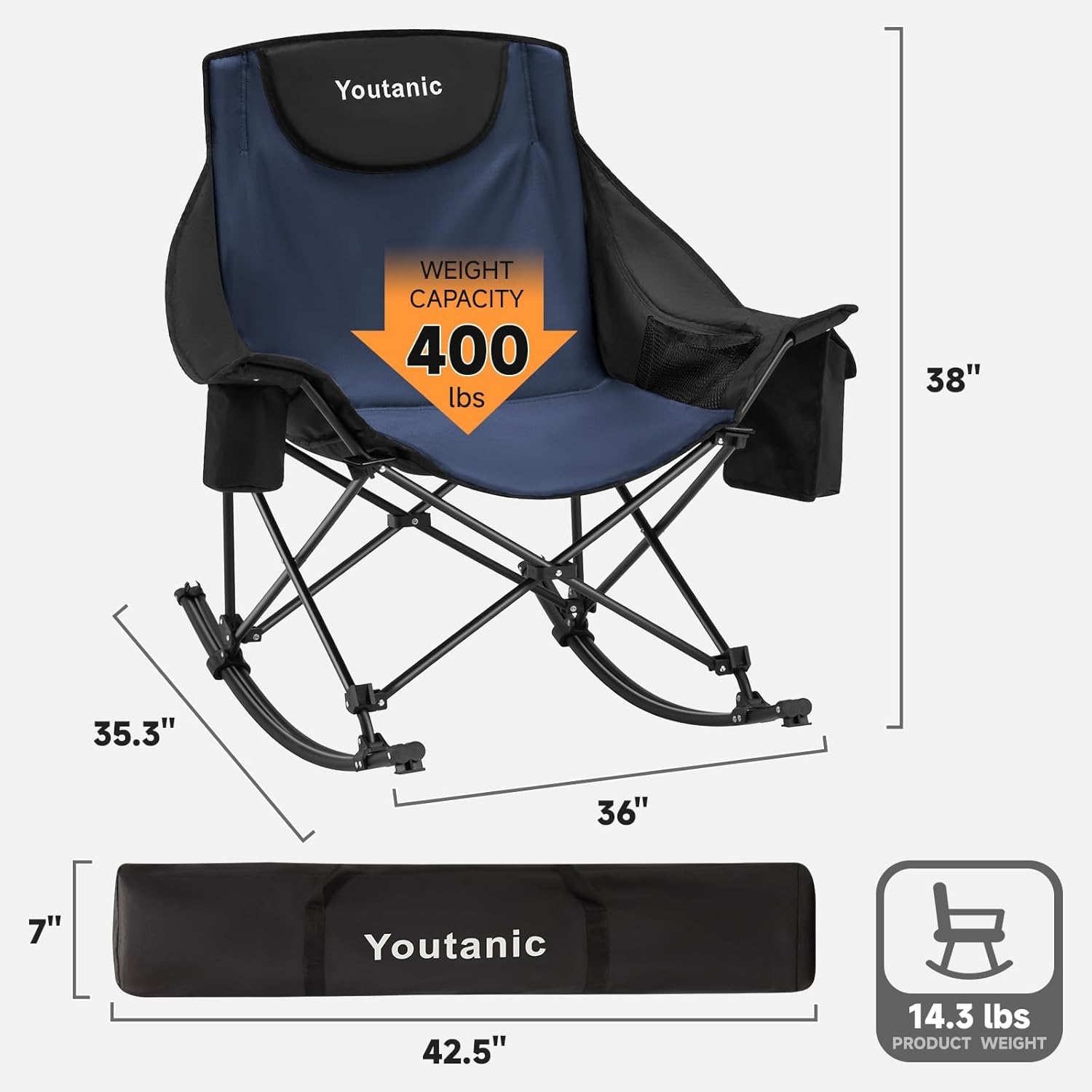 Oversized Folding Rocking Camping Chair, Padded Portable Rocking Chair with Pockets, Cup Holder and Carry Bag, Heavy Duty Outdoor Rocker Patio Chair for Garden, Lawn, Up to 400lbs, Navy Blue