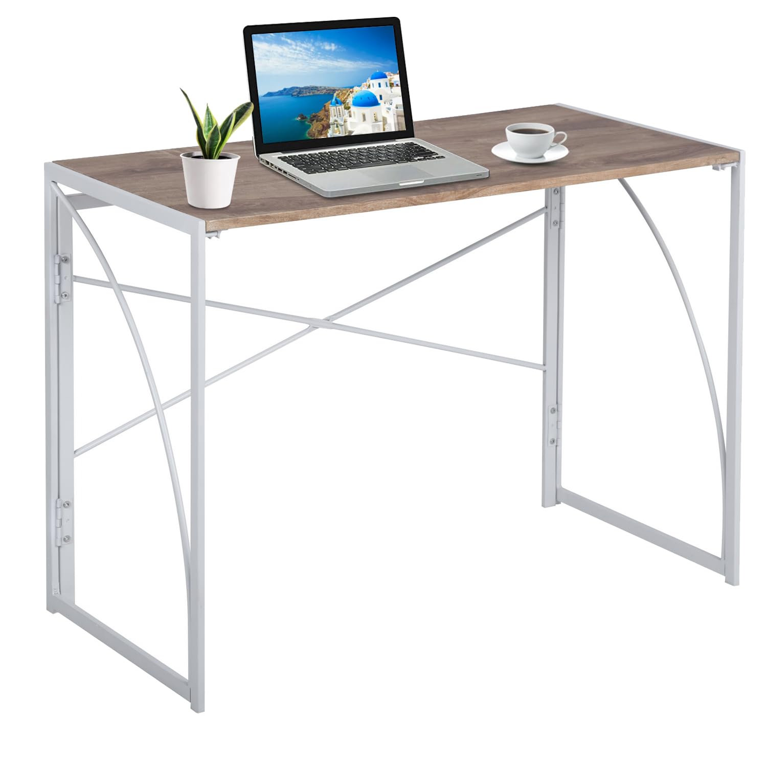 Folding Desk, Simple Home Office Desk Foldable Space Saving, Computer Study Writing Table Workstation for Home Office with Metal Frames/Wood Top Laptop, No Assembly Required, 39.4 Inch, Light Brown