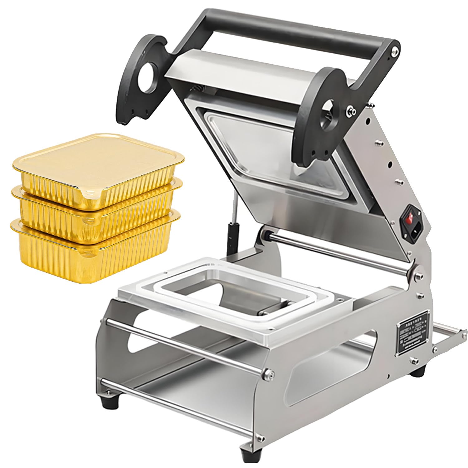 Máquina termoselladora Comercial de bandejas de Alimentos, semiautomática, Velocidad de 7 a 8 ciclos por Minuto; Ideal para cafeterías, Servicios de Comidas y Catering de hoteles.