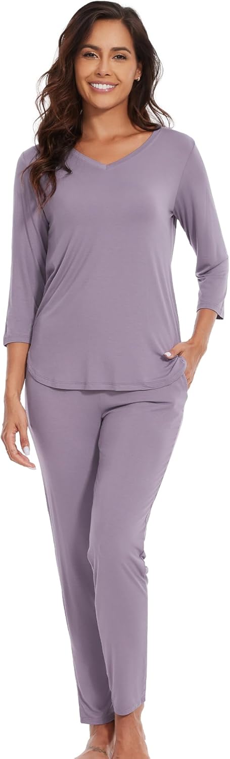 WiWi Viscose from Bamboo Womens Cute Pajamas Set 3/4 Sleeve V-neck Sets Moisture Pjs S-XXL