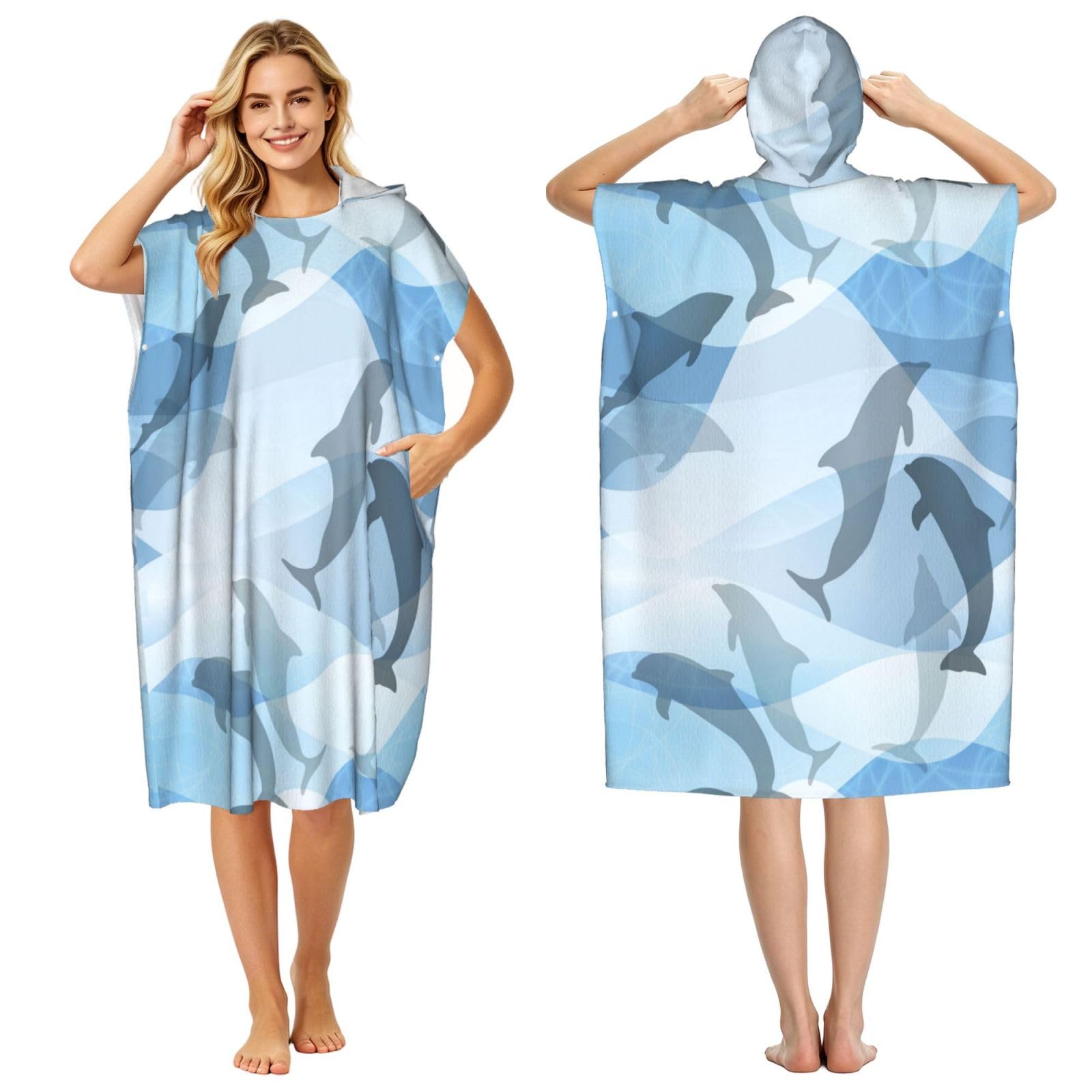 Poadnly Dolphin Fish Silhouette, Adult Hooded Beach Towel 90 x 110 cm,Changing Bath Robe, Surf Poncho Towel For Women Men