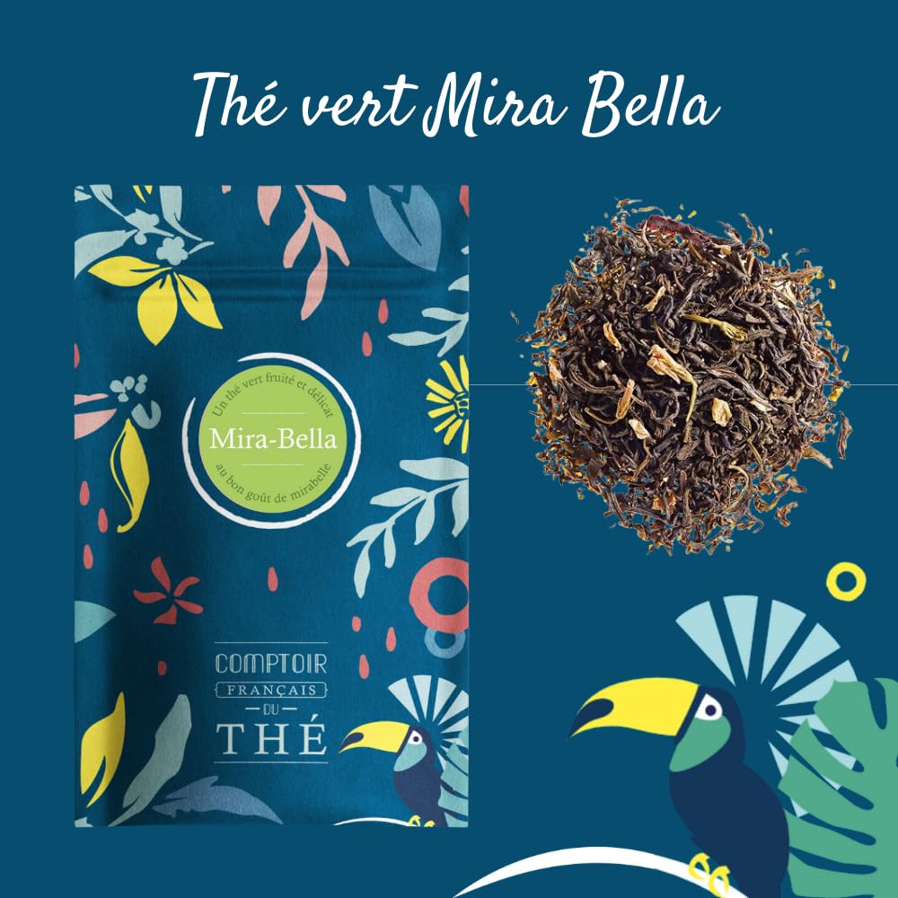 2x100g de Thé Vert à la Mirabelle - Mira-Bella COMPTOIR FRANÇAIS DU THÉ | Délicieux chaud ou glacé, parfait en thé glacé maison - Thé en vrac, sachet zip refermable