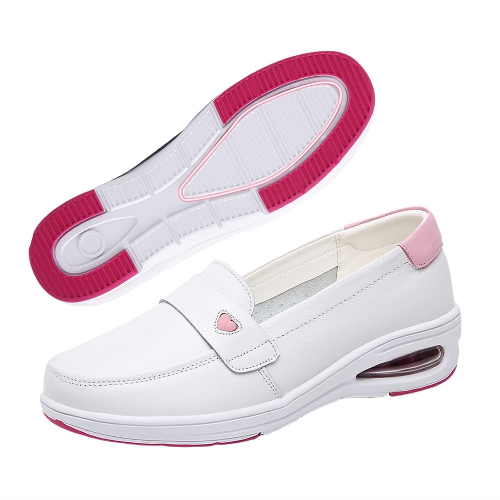 Zapatillas De Enfermera para Mujer, Zapatos De Enfermera Sin Cordones con Cojín De Aire Blanco De Cuero Informal para Mujer, Zapatos Planos del Hospital Antideslizantes Amortiguador
