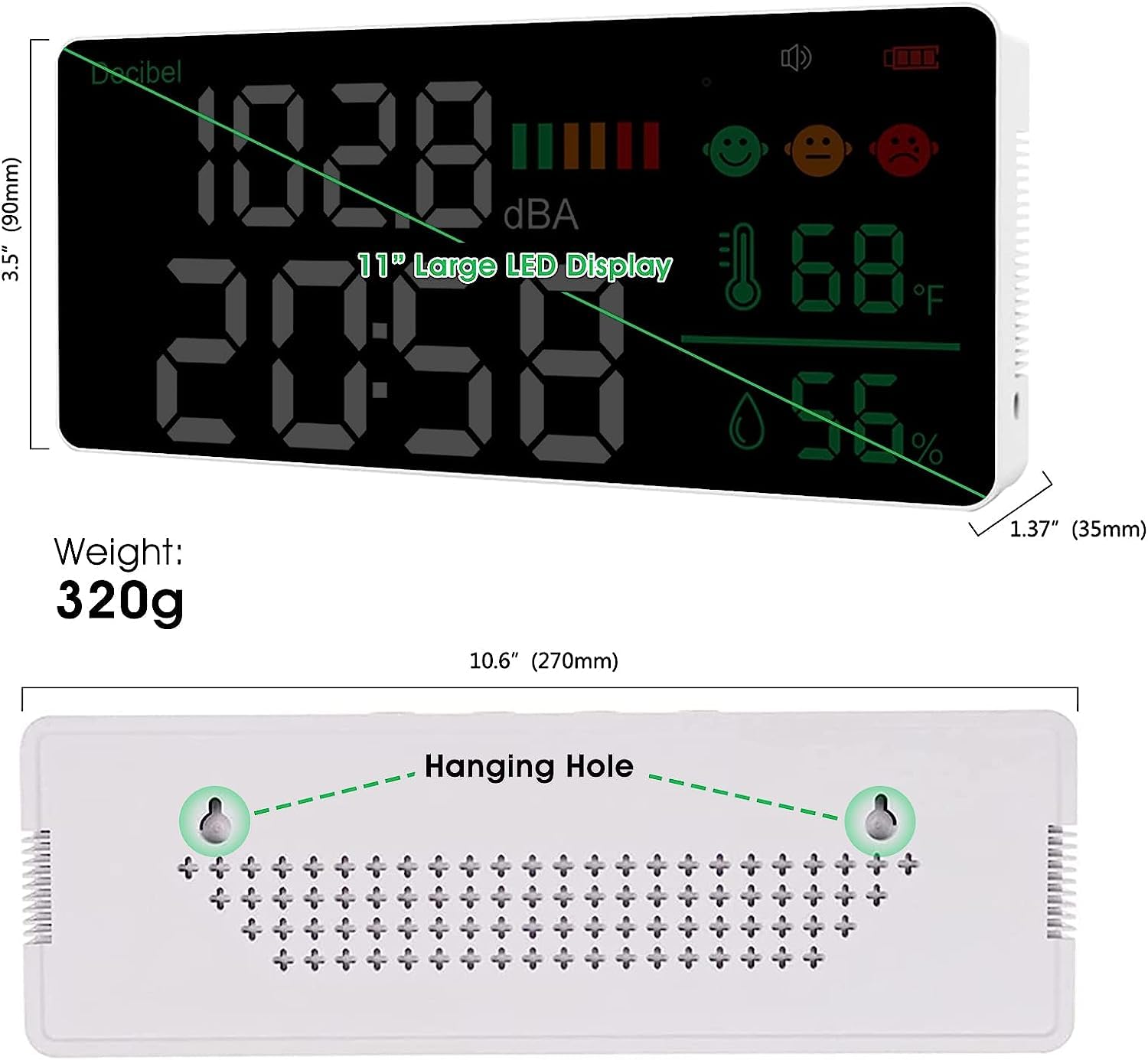 Kethvoz Sonometre Decibel Mesureur, Murale Bruit Testeur Horloge Mesure Niveau Sonore Humidité Température avec 11 pouces Ecran Affichage, Decibelmetre pour Salle de Classe Studio Hôpital