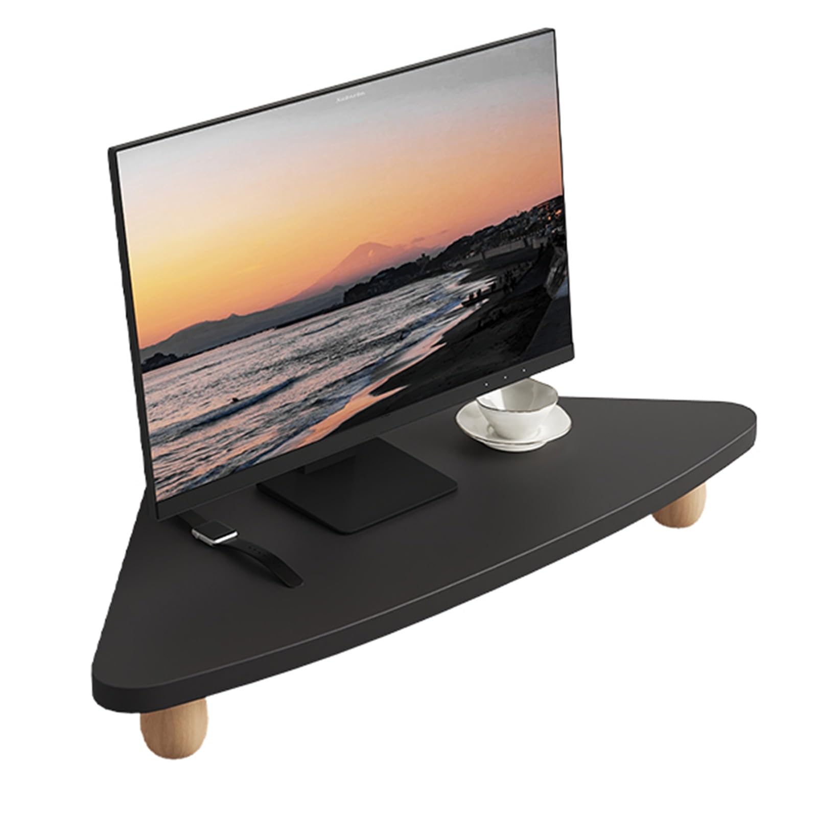 bnjlSDATwr monitor riser， Corner Monitor Stand Triangle Solid Wood, Computer Screen Storage Risers for Saving Space, Tabletop Organization Ergonomic Laptop Holder,White(Black)
