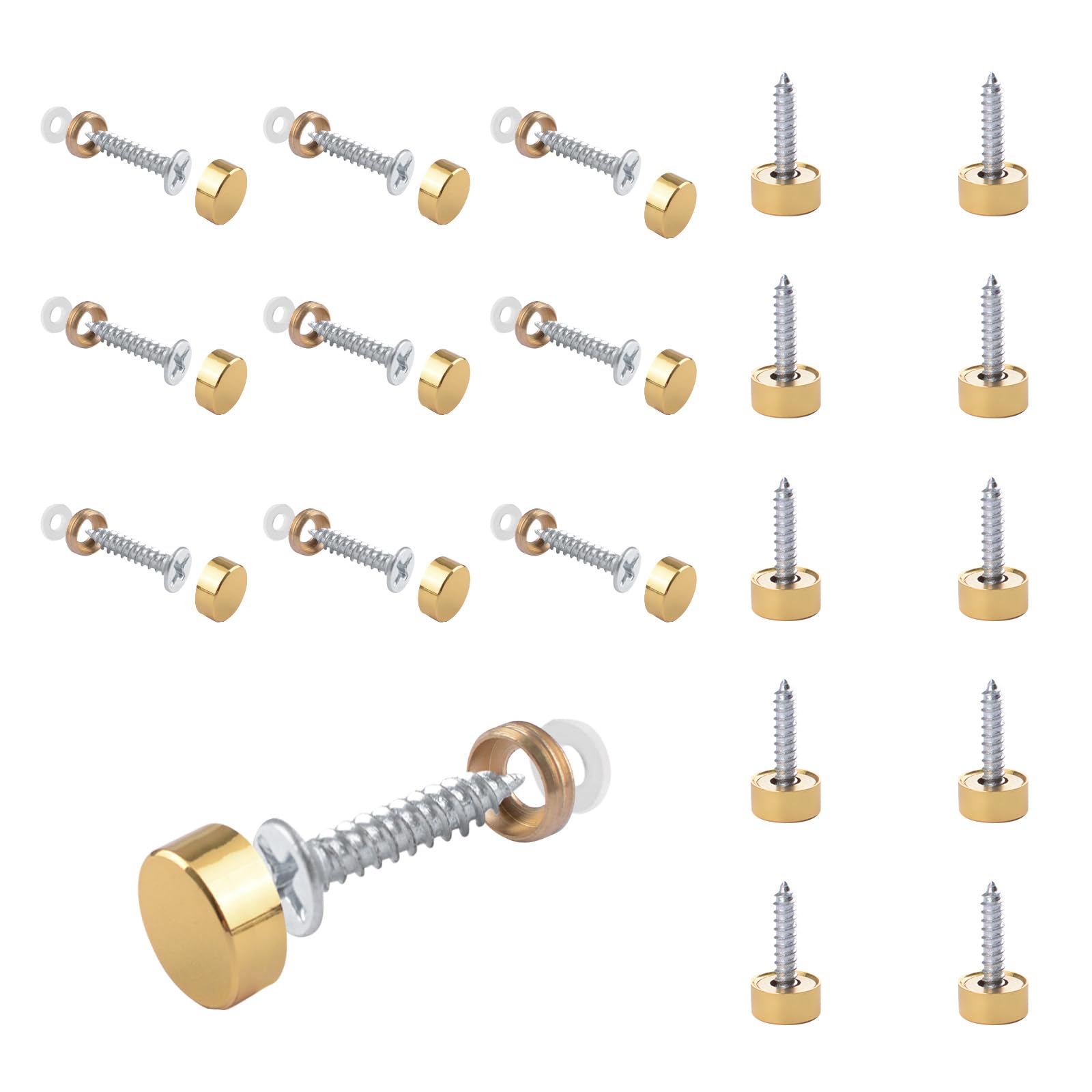 INCREWAY 20PCS Gold Mirror Screws, 10mm Glossy Mirror Nails, Pure Copper Decorative Cover Caps, Secure Fasteners for Bathroom Mirrors, Glass Tables, and Furniture