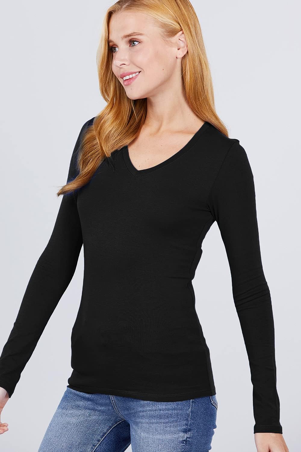 Women's Basic Solid Lightweight Soft Cotton Long Sleeve Crew Neck & V Neck Slim Top Shirts Plus (S-2XL) - Image 2