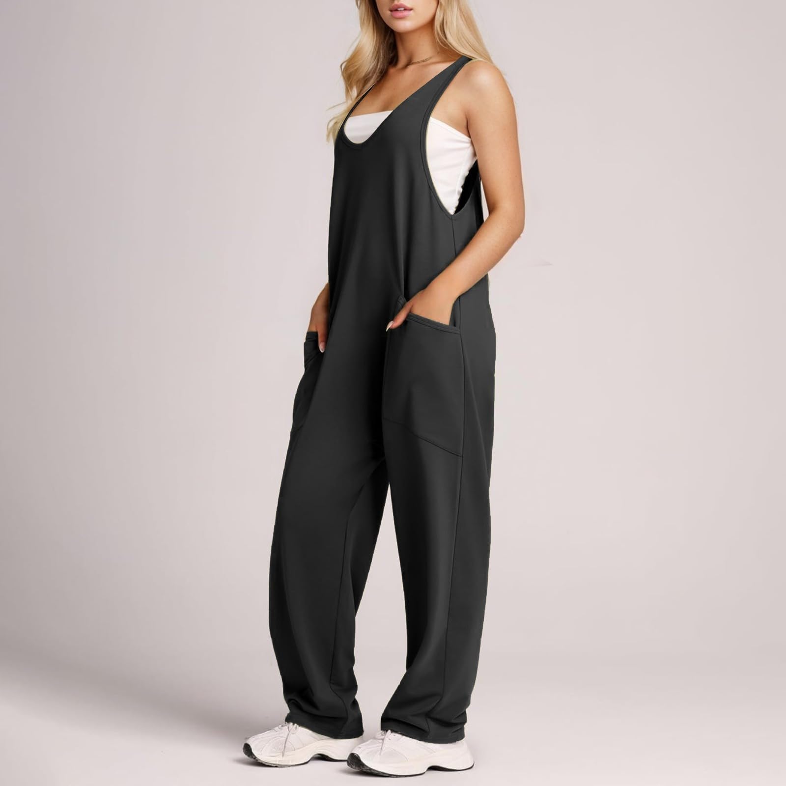 Litthing Salopette Femme Ample Combinaisons sans Manches avec Poches Lâches Salopette de Travail Femme Larges Bretelles Décontractée Combishort D'été