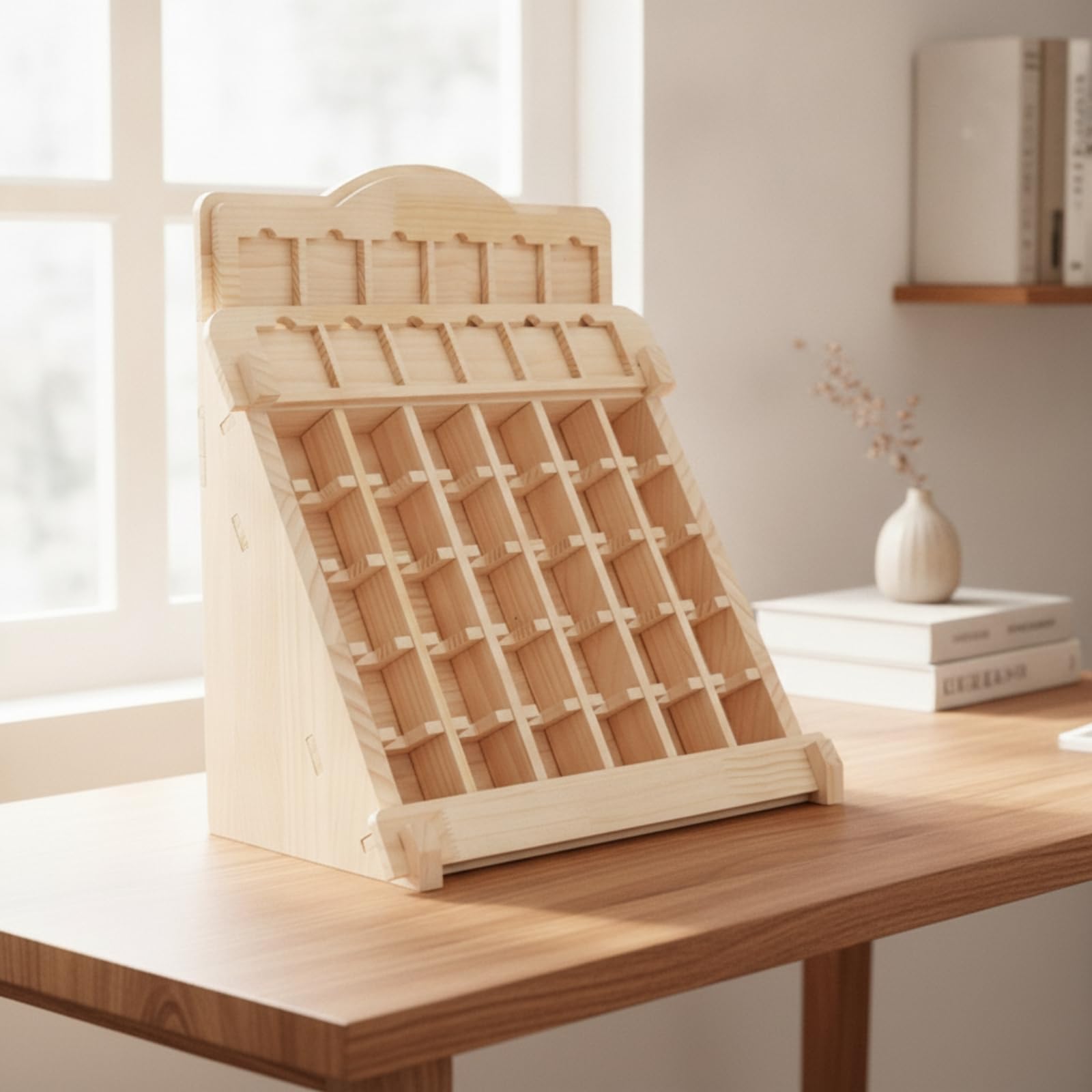 Estante Organizador de Madera Maciza Expositor Soporte Clasificador con Compartimentos Inclinados y Marco Estable Adecuado para Escritorio Estantería Mostrador Hogar Oficina Estudio