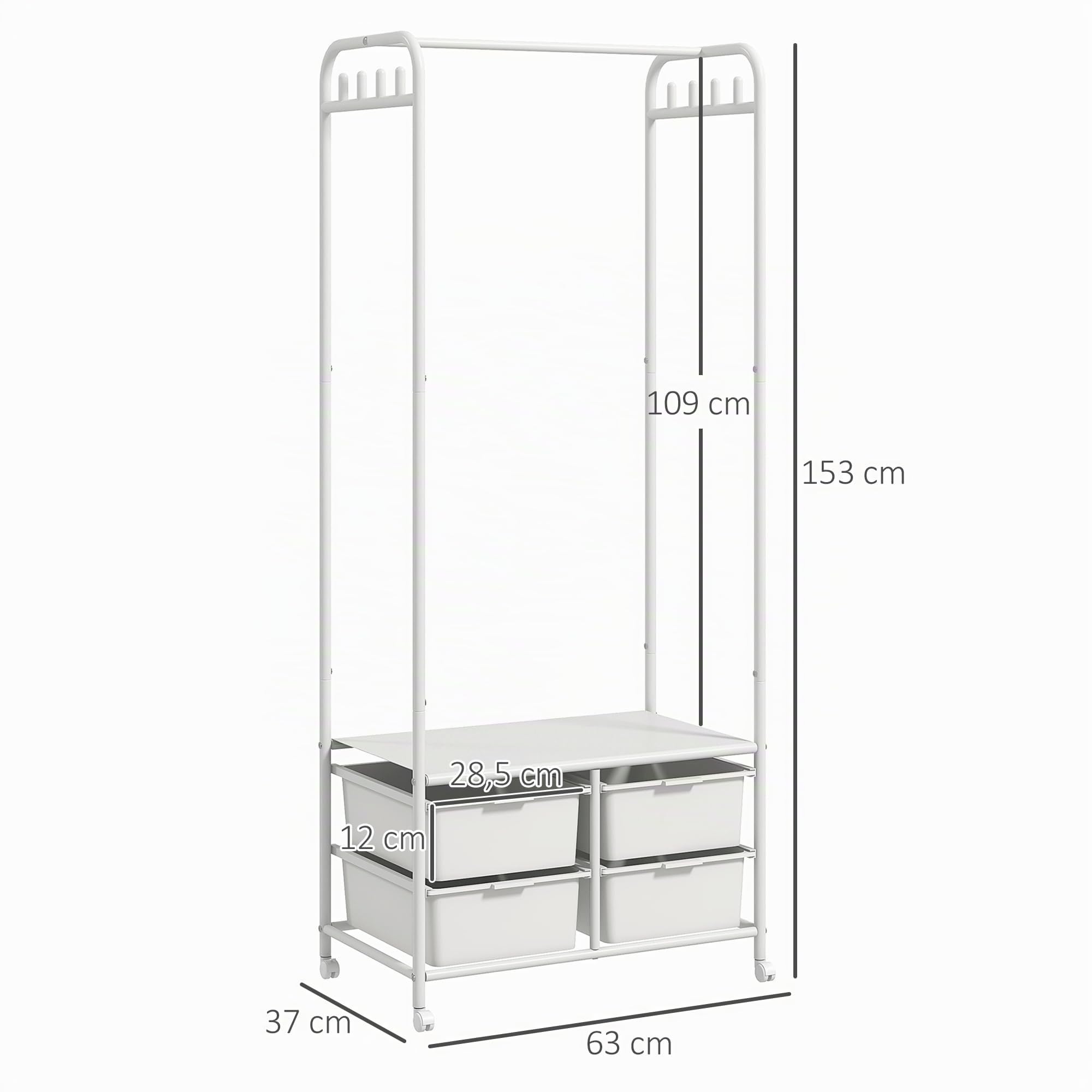 HOMCOM Perchero con Zapatero Moderno con 8 Ganchos 63x37x153 cm Blanco | 4 Cestas para Zapatos, Perchero Entrada, con Ruedas, Marco de Acero, para Salón Dormitorio Pasillo
