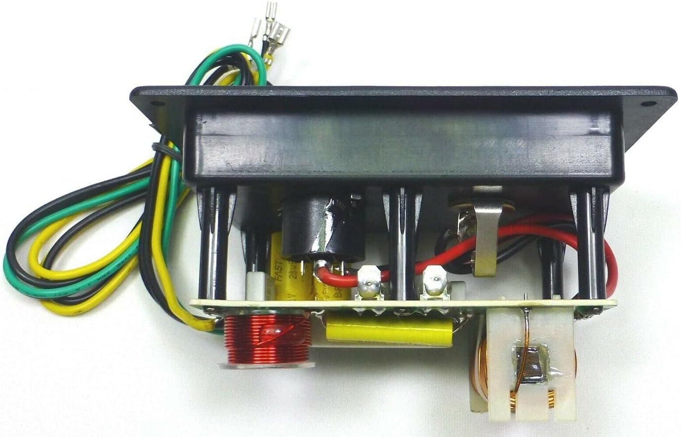 Side view of the LASE 2-Way Crossover Network, showing the depth of the components and internal wiring.