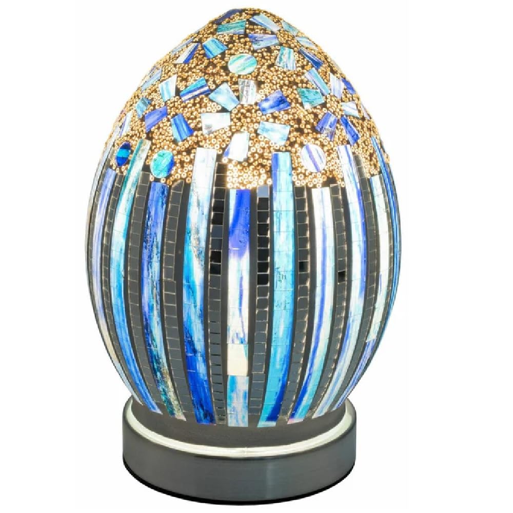 Britalia Blue Art Deco Mosaic Glass Egg Table Lamp, 20cm x 14cm, E14 Small Edison Screw, Black Base
