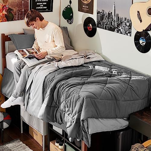 Bedsure Twin Bed Set - 5 Pieces Reversible Twin Kids Comforter Set, Grey Twin Bed in a Bag for Boys with Comforters, Sheets, Pillowcase & Sham, Grey Bedding Set Twin