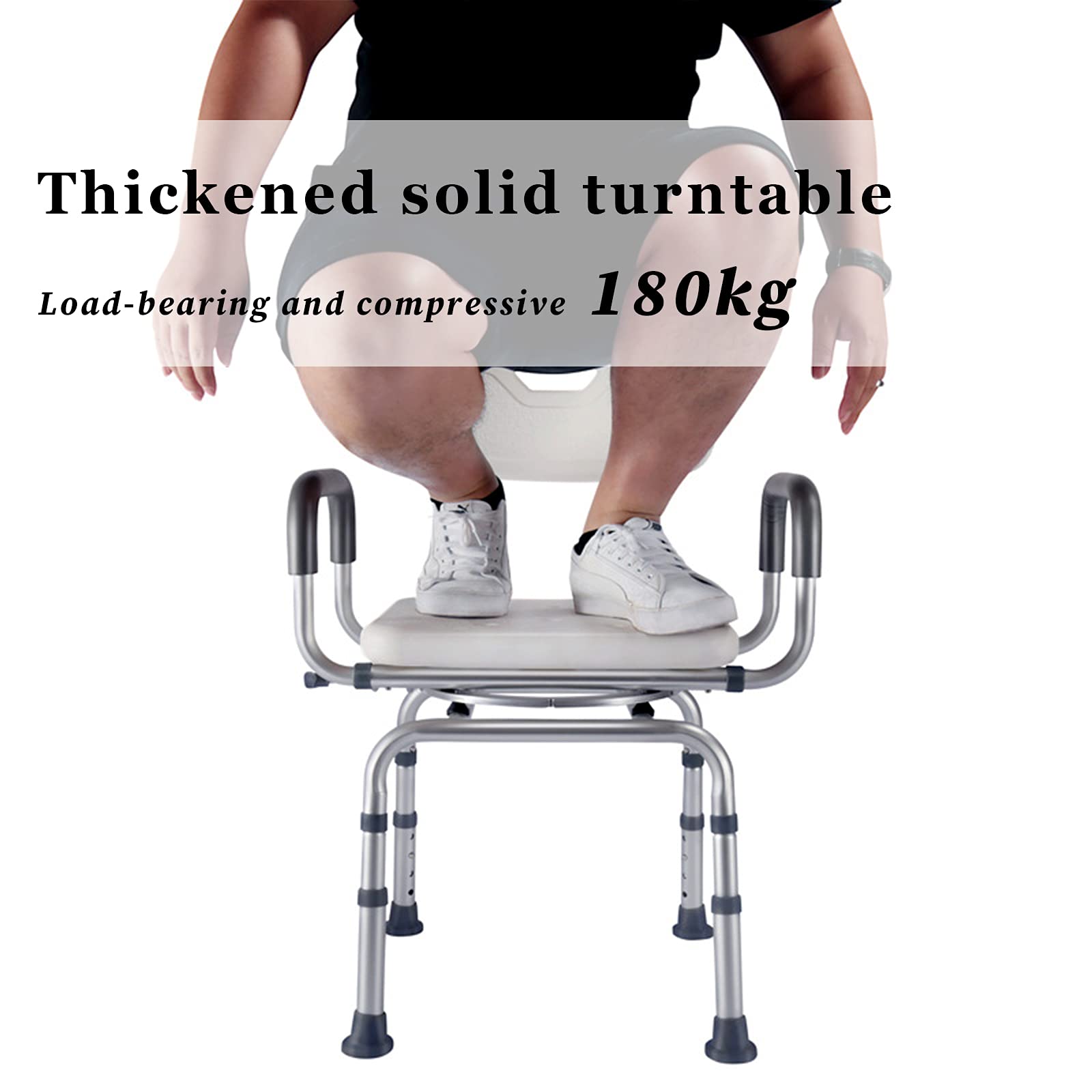Taburete de ducha giratorio para ancianos y discapacitados, asiento de baño de altura ajustable con brazos, diseño antideslizante impermeable, aluminio, carga máxima 180 kg