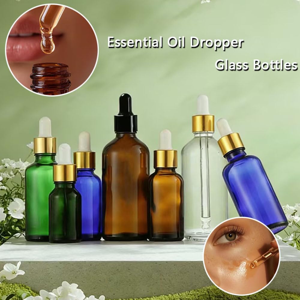 Leere Glasflaschen für ätherische Öle, für Öle, Aufbewahrungsbehälter, Kosmetik, Reiseverpackung, Reagenzmittel, Aromatherapie, Flüssigkeitspipette, nachfüllbar, Reisefläschchen (grün-schwarze