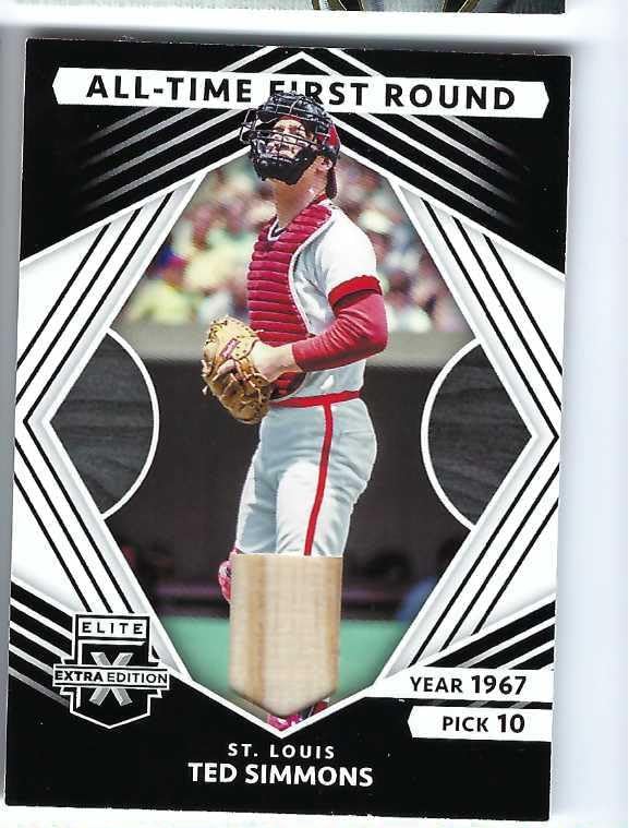 TED SIMMONS 2022 Panini Elite Extra Edition All-Time First Round Materials Game Used Mem Bat St. Louis Cardinals Baseball Card