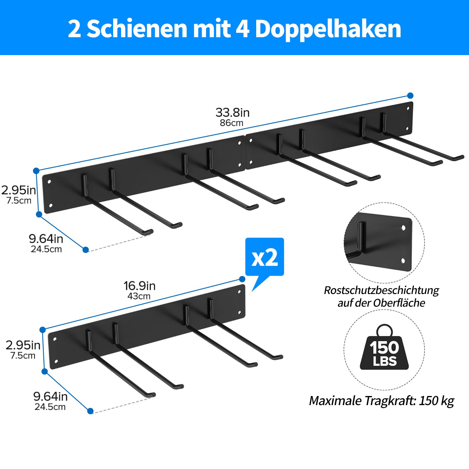 Gartengerätehalter Wandhalterung aus Metall, Werkzeughalter mit 4 Doppelhaken, stabil & belastbar, Besenhalter für Garten, Garage und Werkstatt, Schwarz