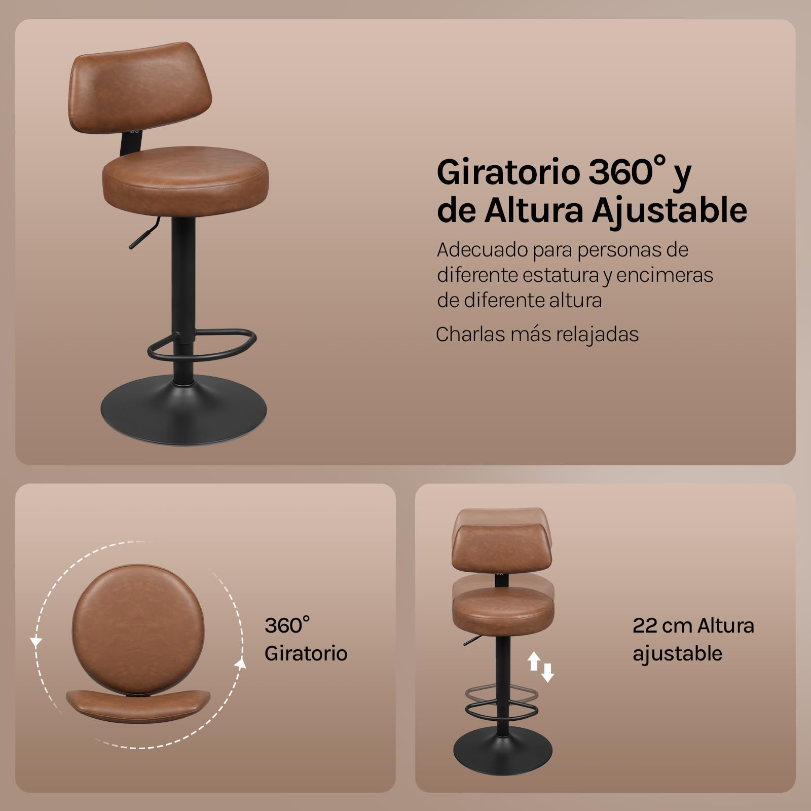 WOLTU Taburetes Altos de Cocina Giratorio con Respaldo, Marrón Rústico | 360° y Ajustable en Altura, con Reposapiés, Tapizado en Piel Sintética, para Comedor y Cafetería