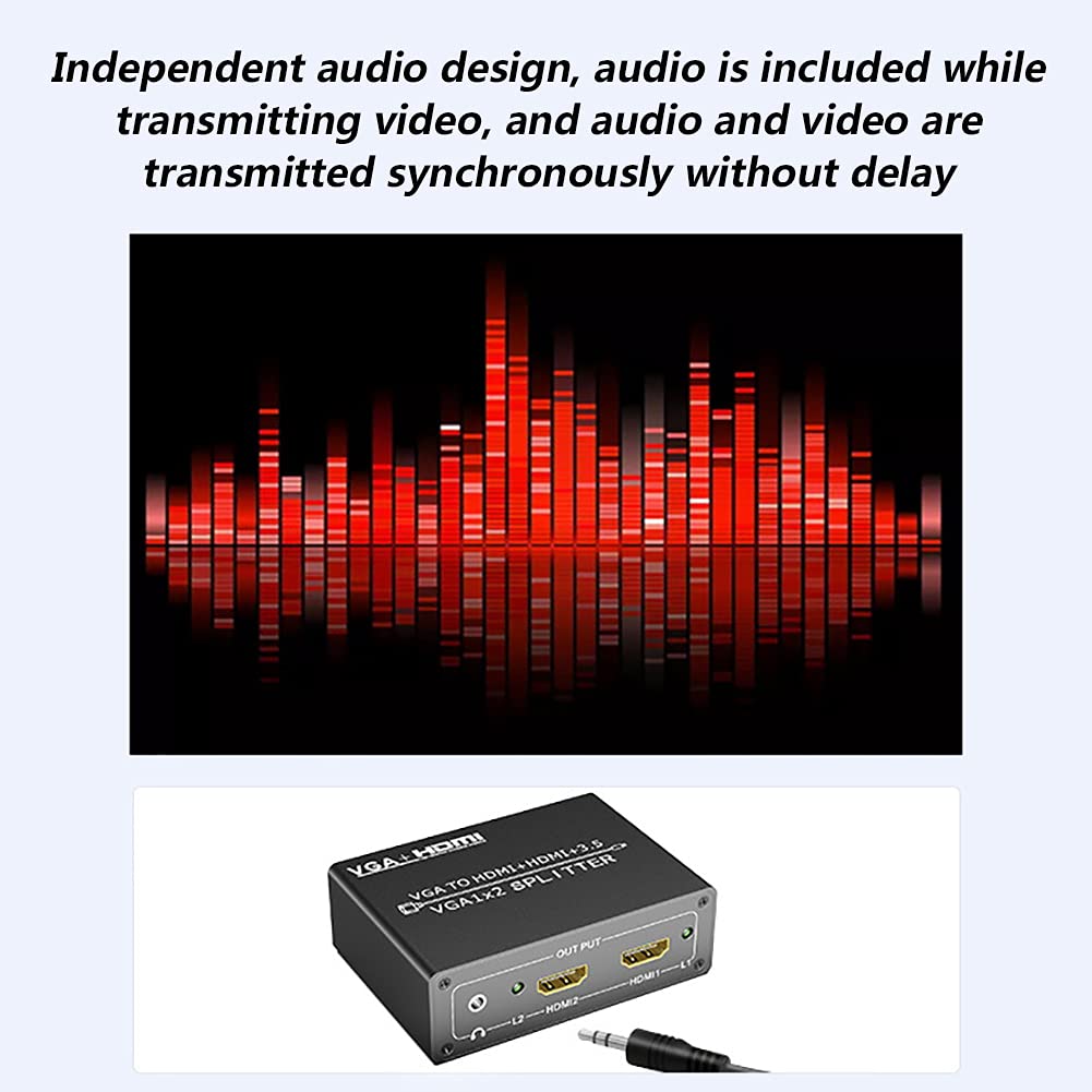 RSGK Splitter da VGA a HDMI + HDMI, Convertitore 1 Ingresso 2 Uscite con Uscita Audio, Visualizzazione Simultanea, Uscita Audio Indipendente, qualità Dell'immagine Ad Alta Definizione 1080P