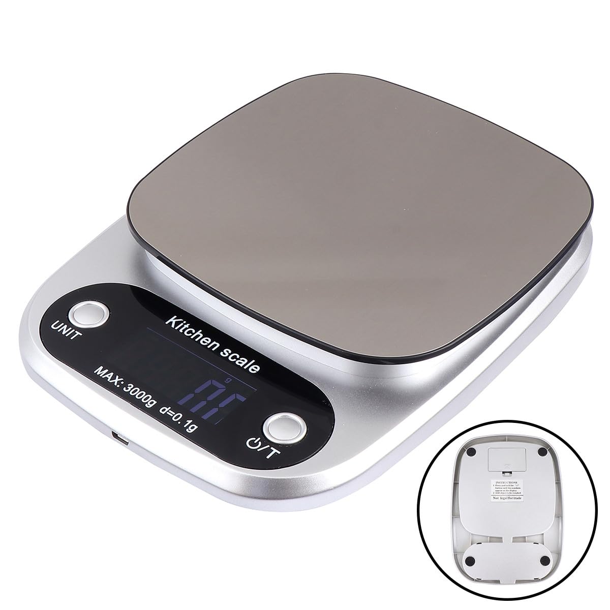 UKCOCO Báscula Sensor de Alta Precisión de Cocina Digital de Acero Inoxidable Recargable 3 Kg y Pantalla Lcd para Uso en Cocina y Joyería