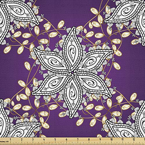 Image of Ambesonne Mauve Fabric by The Yard, Vintage Oriental Display Moroccan Illustration Floral Petals with Details, Decorative Fabric for Upholstery and Home Accents, 1 Yard, Earth Yellow Purple