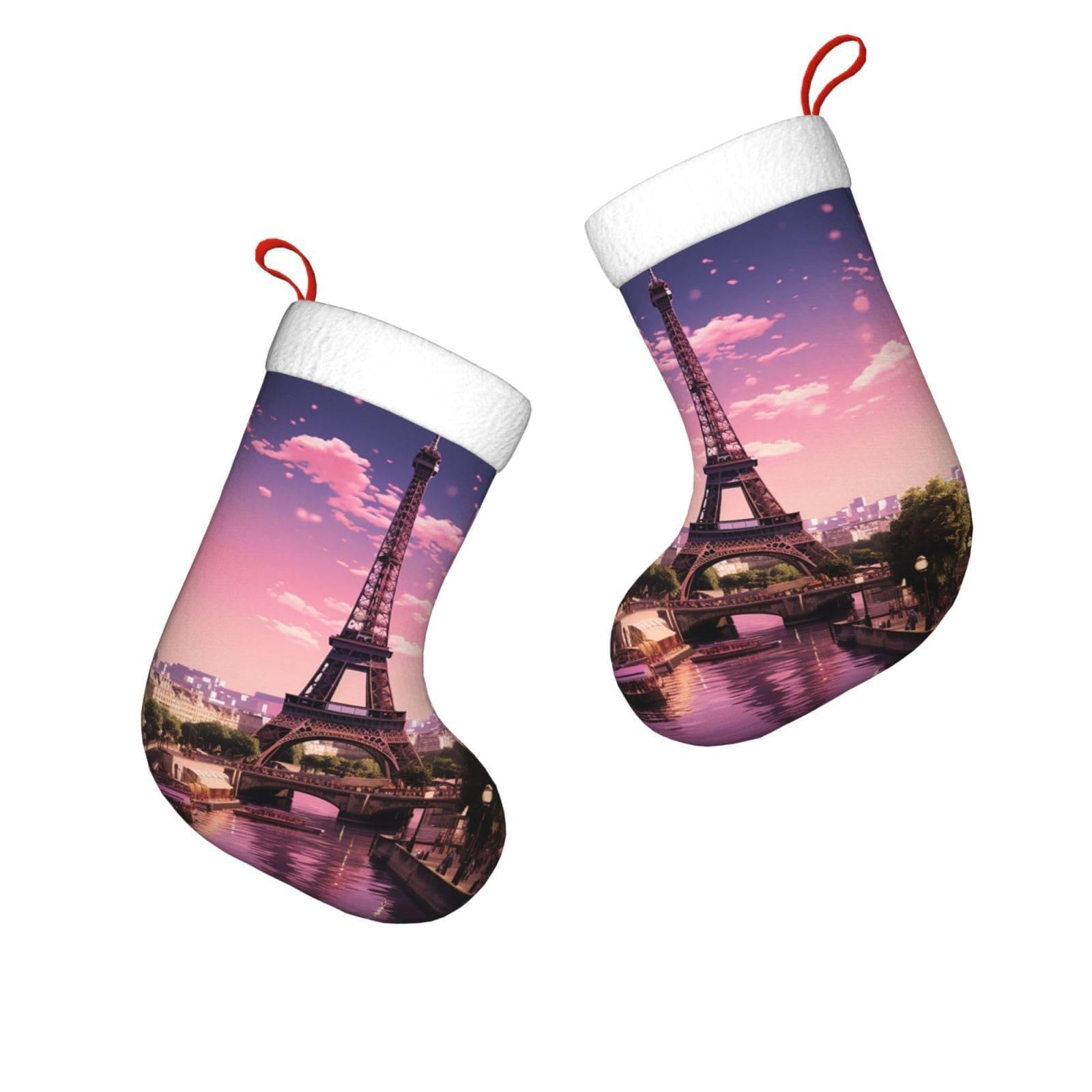 FodPand 17.7" Christmas Stocking 1 Piece, Pink Paris Xmas Stockings with White Plush Cuff Fireplace Hanging Stocking for Christmas Holiday Party Decoration