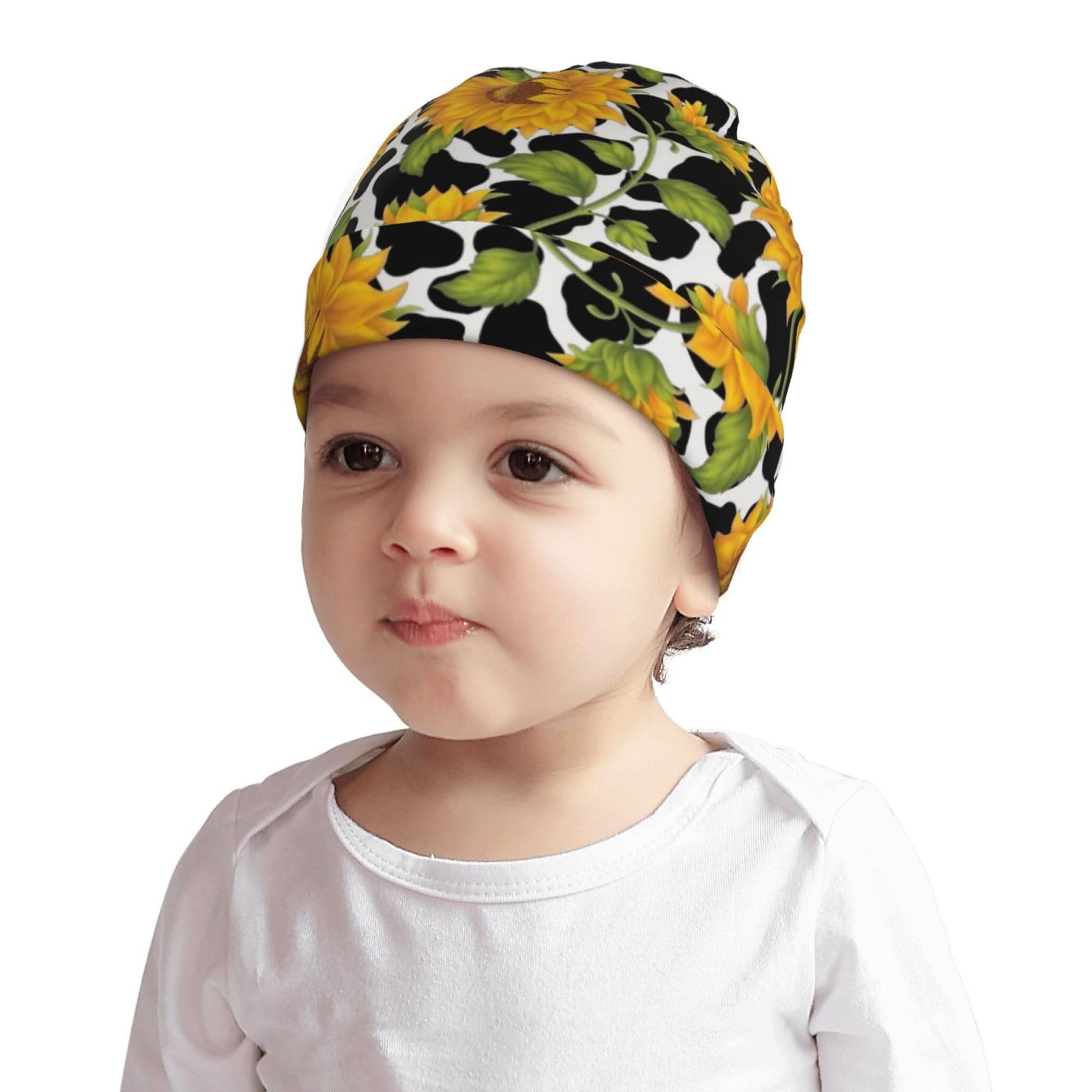 Rqzwdq Sunflower Cow Pattern Kids Beanie Hats Warm Knit Beanie Cap Skull Caps Gifts Decor for Boys Girls White