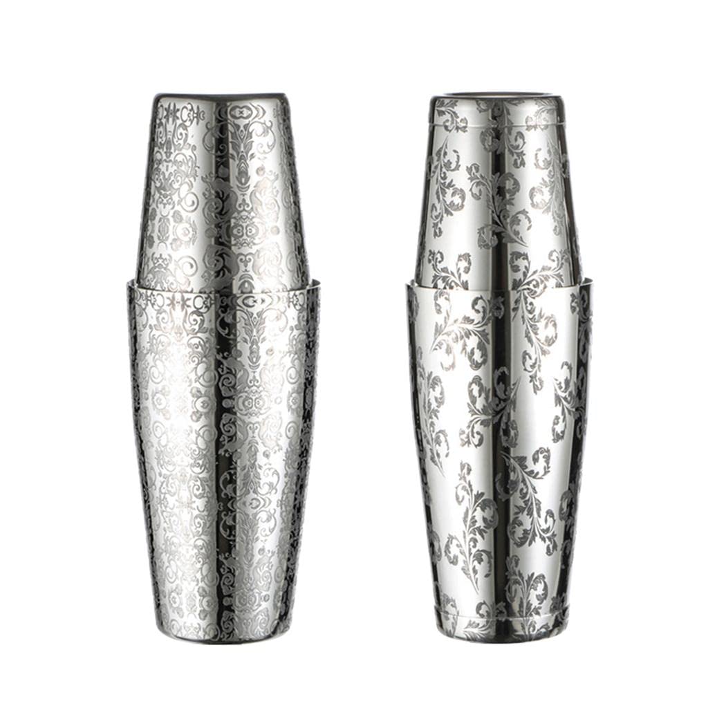 Shaker Cocktail Set Professionale Miscelatore Tin On Tin Acciaio Inox Decorato Incisione Adatto a Bar Feste Matrimoni Banchetti, con Base