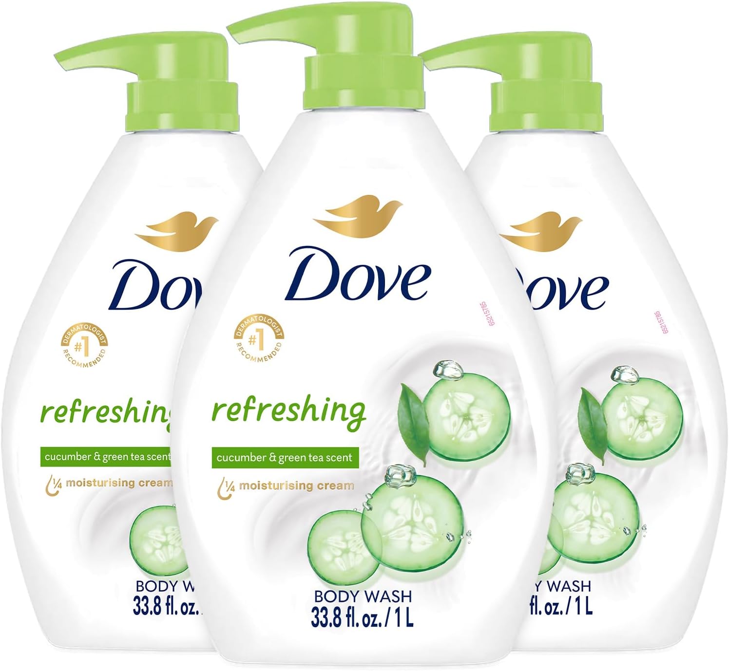 Dove Refreshing Body Wash with Pump Revitalizes and Refreshes Skin Cucumber and Green Tea Effectively Washes Away Bacteria While Nourishing Your Skin, 34 Fl Oz (Pack of 3)