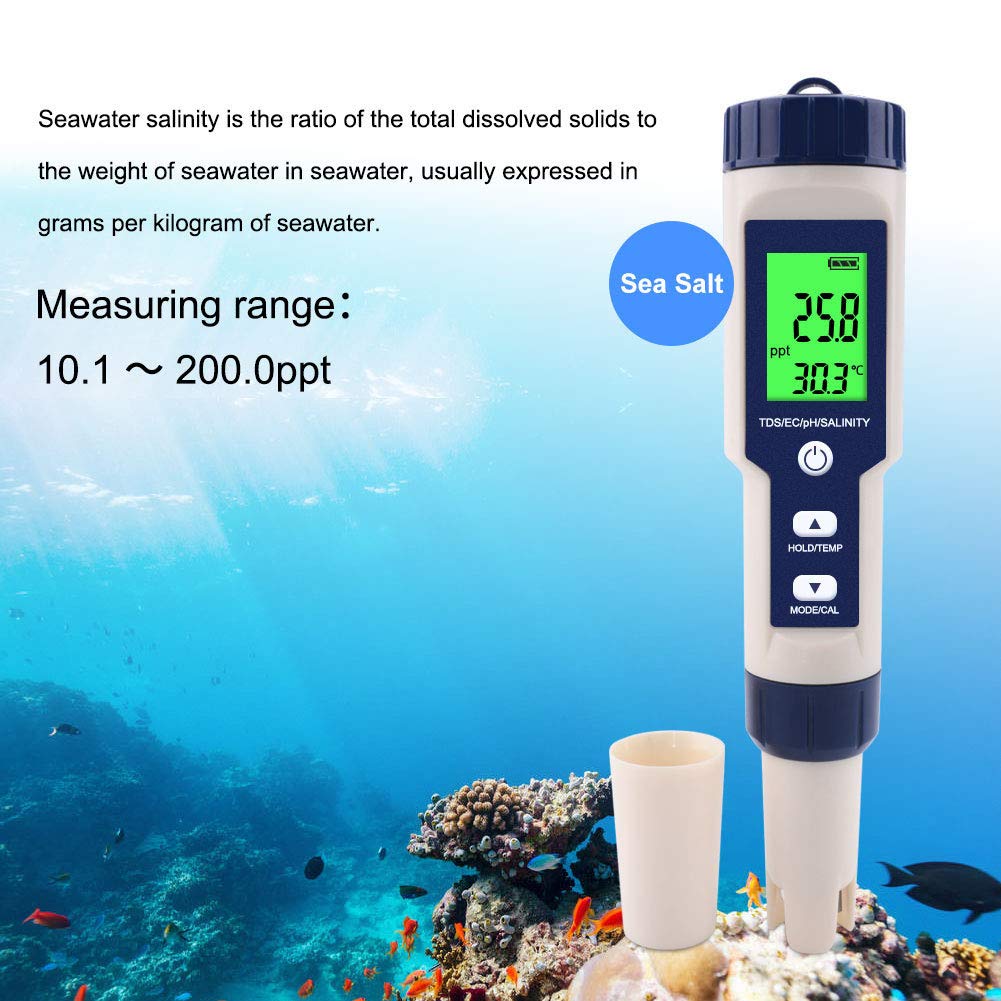 Tester di qualità dell'Acqua, Portatile 5 in 1 Misuratore di Test di qualità dell'Acqua Tester PH PH di Salinità TDS con Retroilluminazione per Acqua Potabile Piscina Lavorazione Alimentare