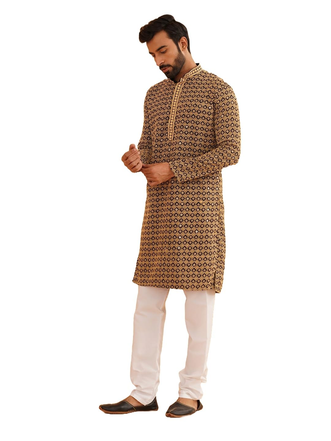 Sojanya (Since 1958 Men's Cotton Gold Embroidered Sequinned Gold Kurta With White Churidar Pyjama