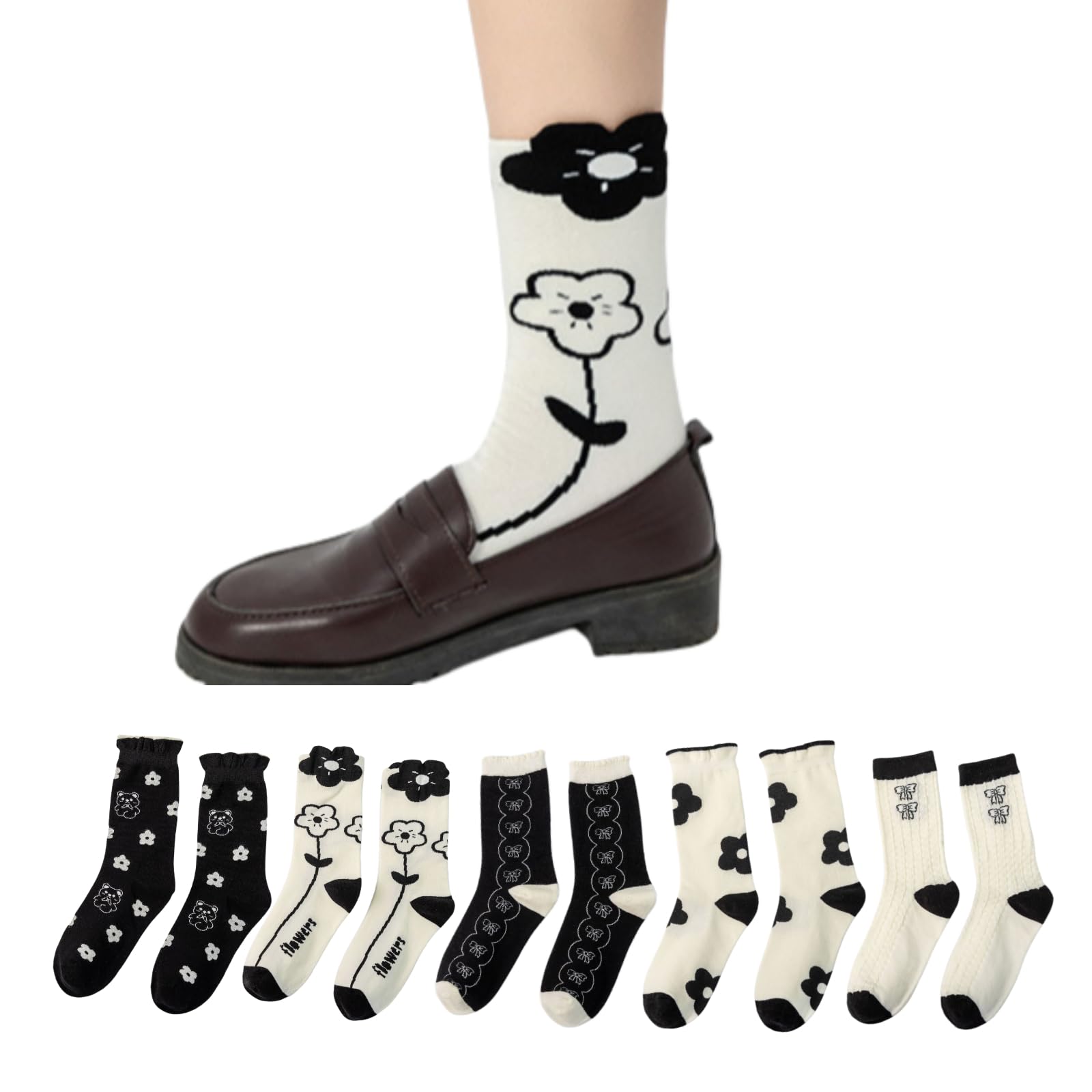 Flower Socks Women 5 Pairs Cute Retro Preppy High Ankle Cotton Sock Stripe Plaid Bow Socks