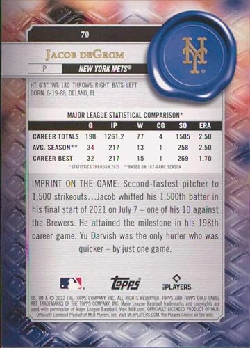 Miniatura 2 de 2022 Topps Gold Label Class 1#70 Jacob deGrom New York Mets Baseball Card - GotBaseballCards