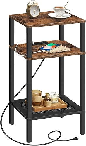HOOBRO Mesa auxiliar alta con estación de carga, mesa de teléfono de 3 niveles con estantes de almacenamiento, mesa auxiliar estrecha con tipo C y