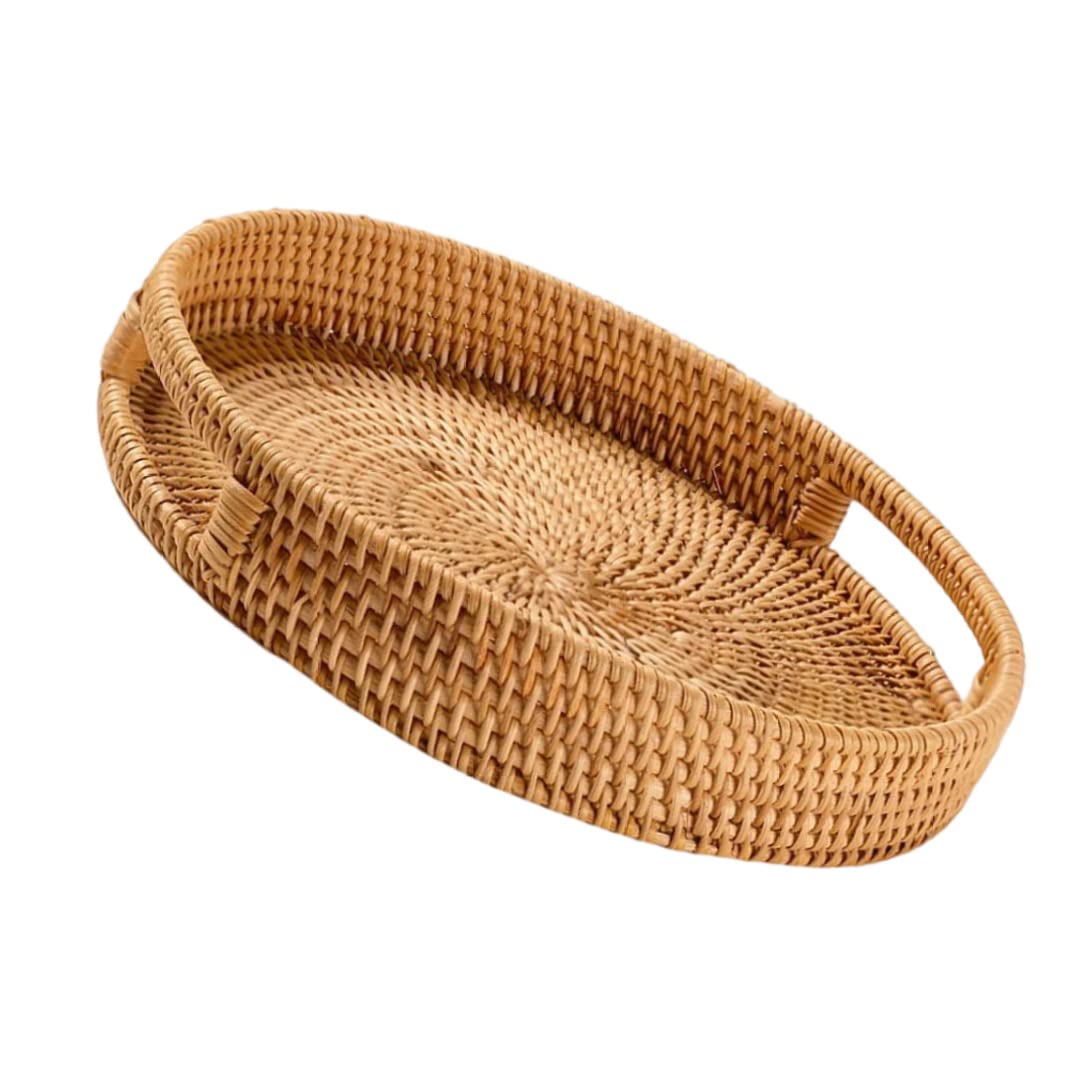 Ameble Rattan Tray 13.8 Inch Round Woven, Wicker Tray with Built in Handle Rustic Bread Basket for Table Decor Serving