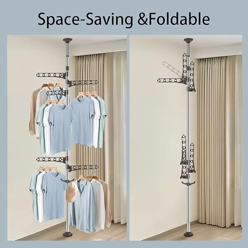 Miniatura 9 de Hershii Barra de lavandería ajustable en la esquina del tendedero para colgar sombreros, estante de tensión del piso al techo, organizador de