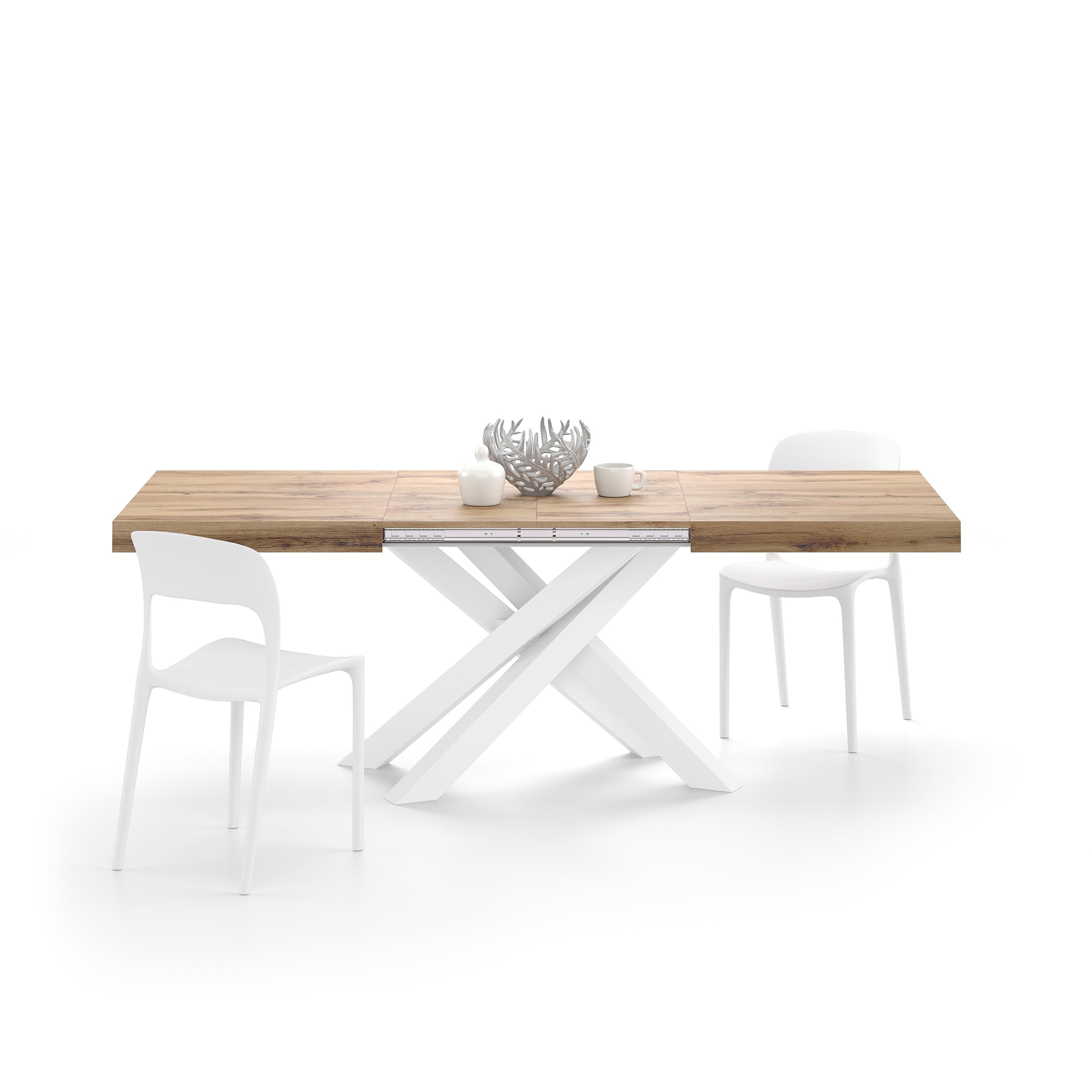 Mobili Fiver, Tavolo Allungabile Emma 140(220) x90 cm, Rovere Rustico con Gambe Incrociate Bianche, per 6-​10 persone, Tavolo Cucina, Soggiorno, Made in Italy