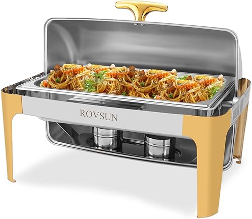 ROVSUN Juego de platos de bufé con tapa enrollable de 9 cuartos de galón, con detalles dorados, de acero inoxidable rectangular para catering,
