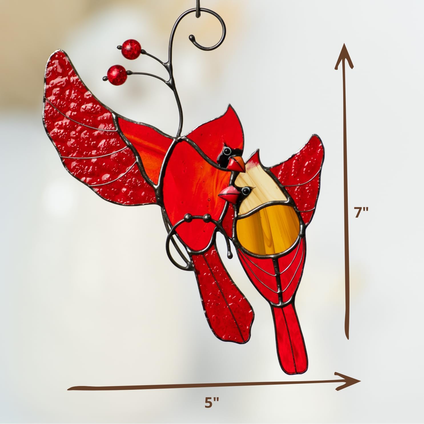 Cardinals Birds Stained Glass Suncatcher Genuine Stained Glass Window Hangings Unique Indoor Ornament & Outdoor Decor (Hugging Cardinals)