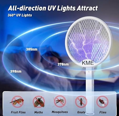 Miniatura 3 de KME - Raqueta matamoscas eléctrico, matamoscas recargable, para interiores y exteriores, 2 en 1, matamoscas eléctrico recargable por USB, trampa