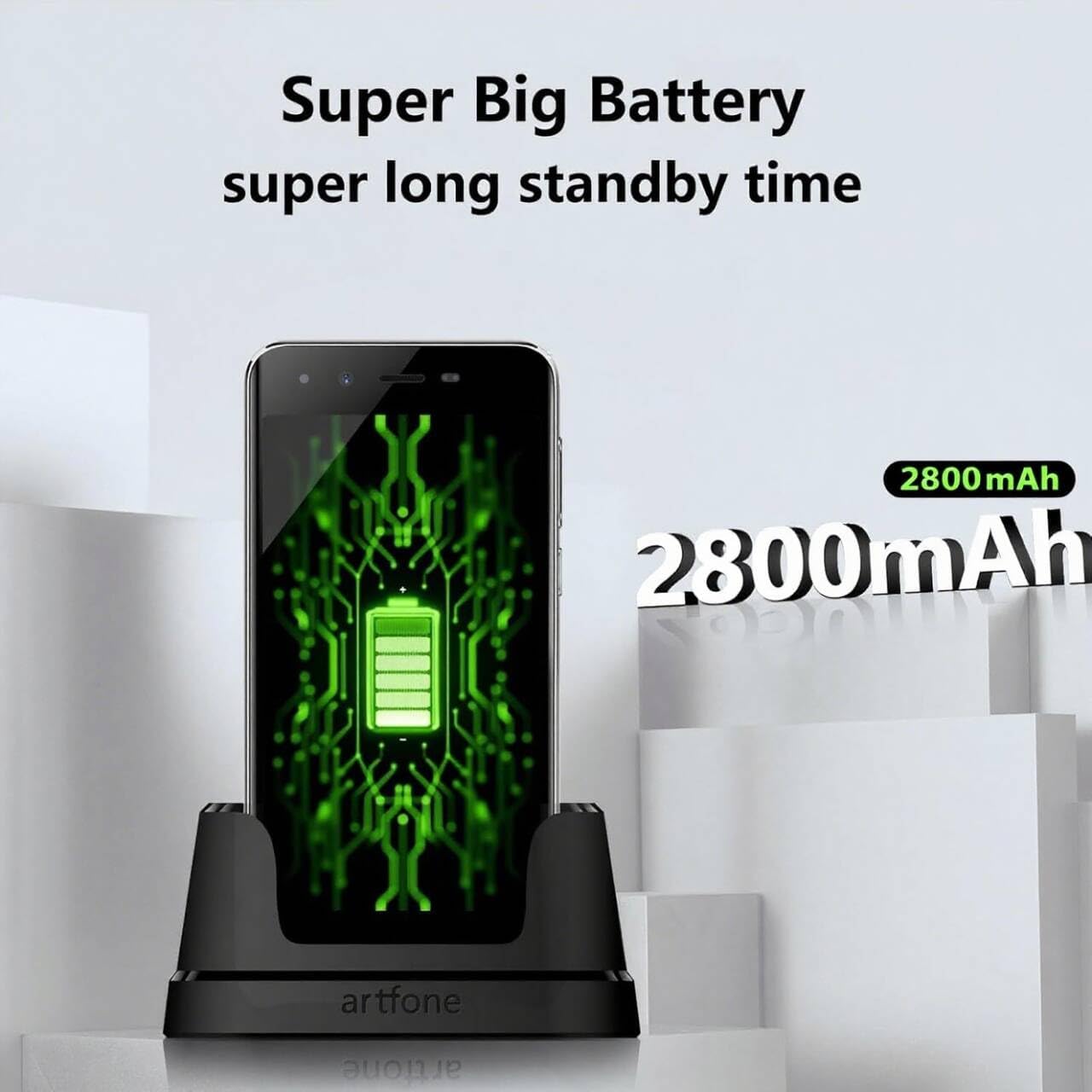 Artfone Smart_500 Smartphone i opladningsdock med batteriikon og teksten 'Super Big Battery'.