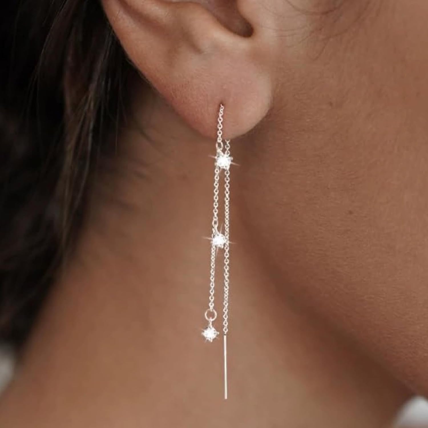 Gold Threader Earrings for Women Elegant Long Chain Drop Dangle Earrings Hypoallergenic Dangling Rhinestones Jewelry Accessories for Brides Wedding Birthday Gift for Women - Image 2