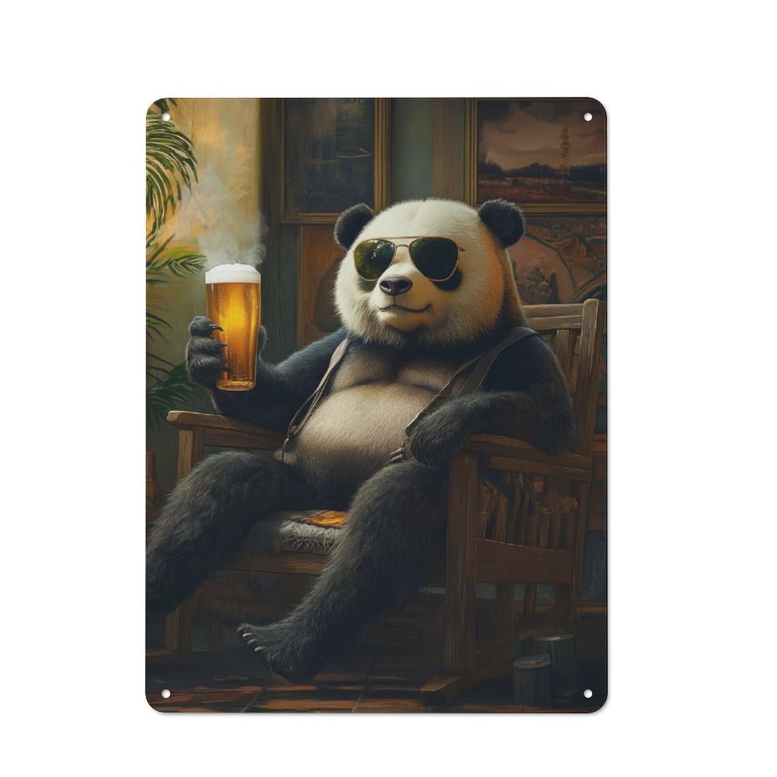 Workshop Style Panda Bear Relaxing with Beer Tin Sign 40x30cm, Industrial Wall Art for Garage, Hobby Room, Office Or Man Cave
