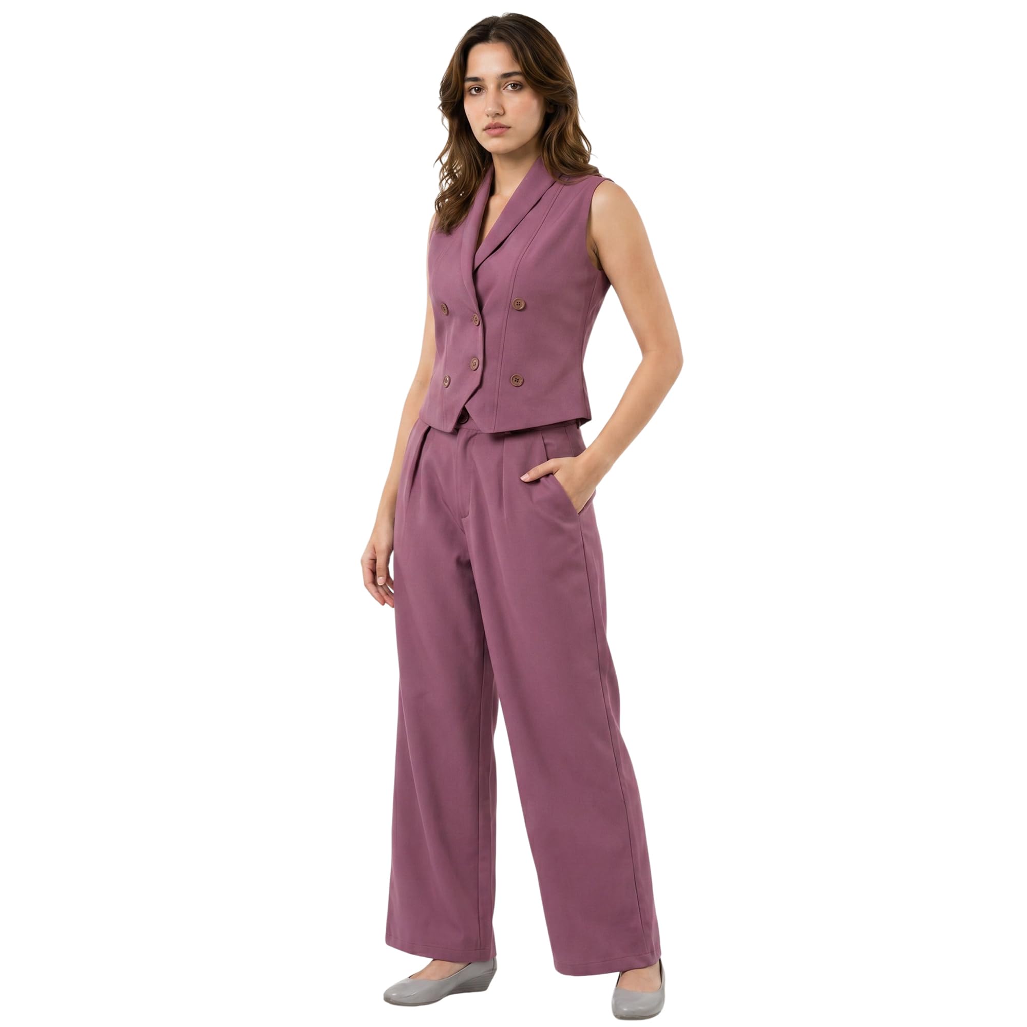 bossbella BossbellaWomen Mauve Double-Breasted Waistcoat with Trousers Set | Elegant Formal Co-Ord Pant Suit for Women,(S)-picture-21
