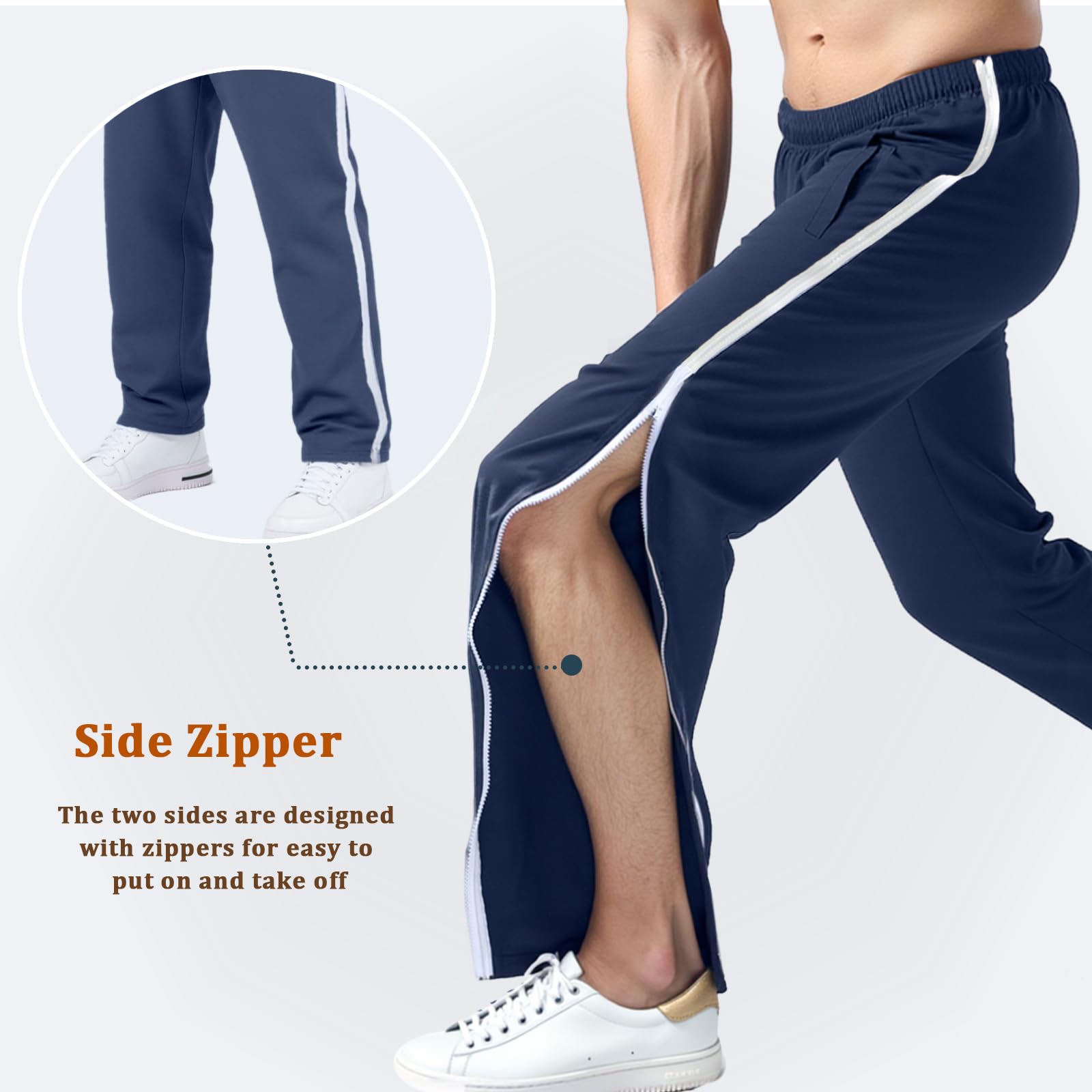 Pantalon de Rééducation pour Homme Pantalon de Survêtement à Fermeture éclair Latérale Intégrale Ouverture Totale Pantalons de Jogging à Zips Chirurgie avec Poches
