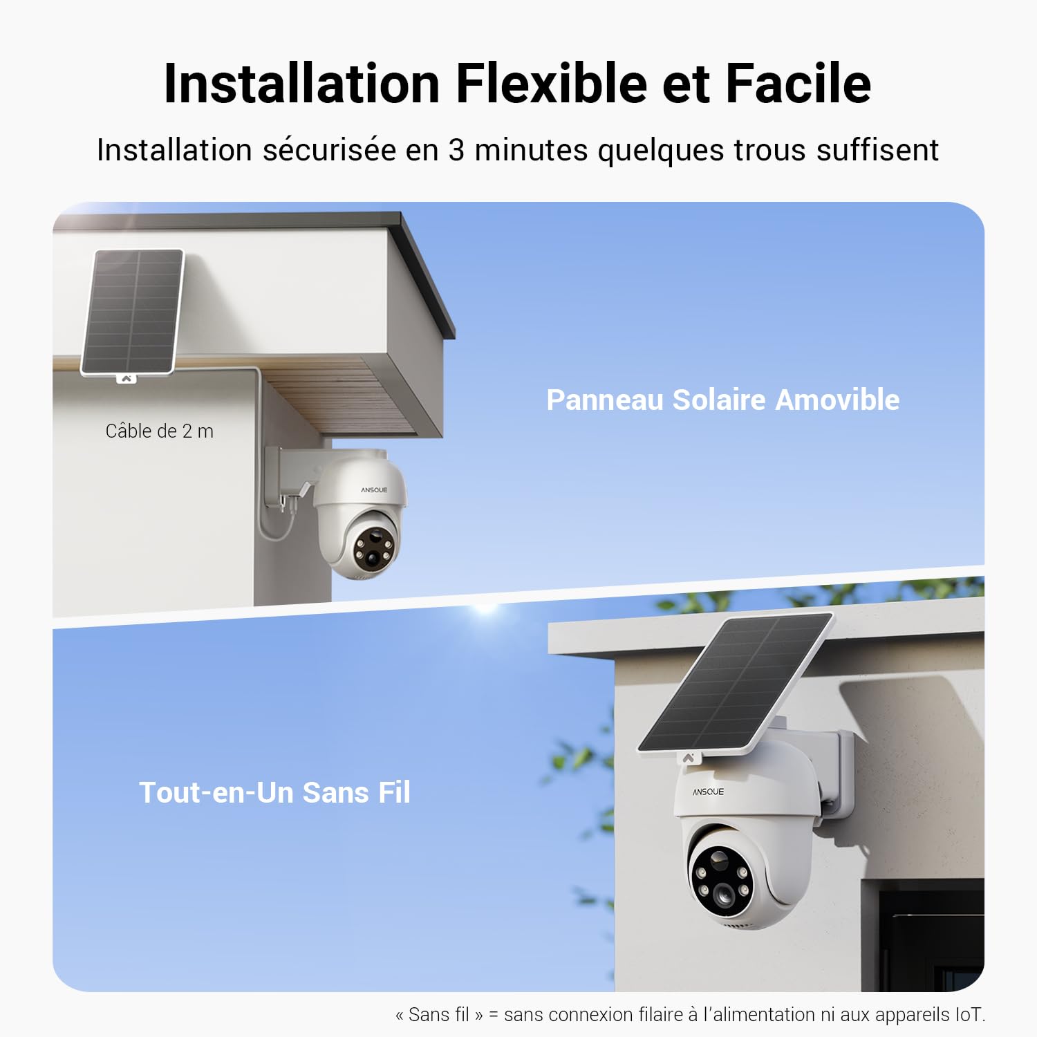 ANSQUE 2K Camera Surveillance WiFi Exterieure sans Fil Solaire à Batterie, Kit 4 Caméras avec AnsqueBase, Zéro Frais, PTZ 360°, Suivi Automatique, Vision Nocturne en Couleur, Alarme Lumineuse Sonore
