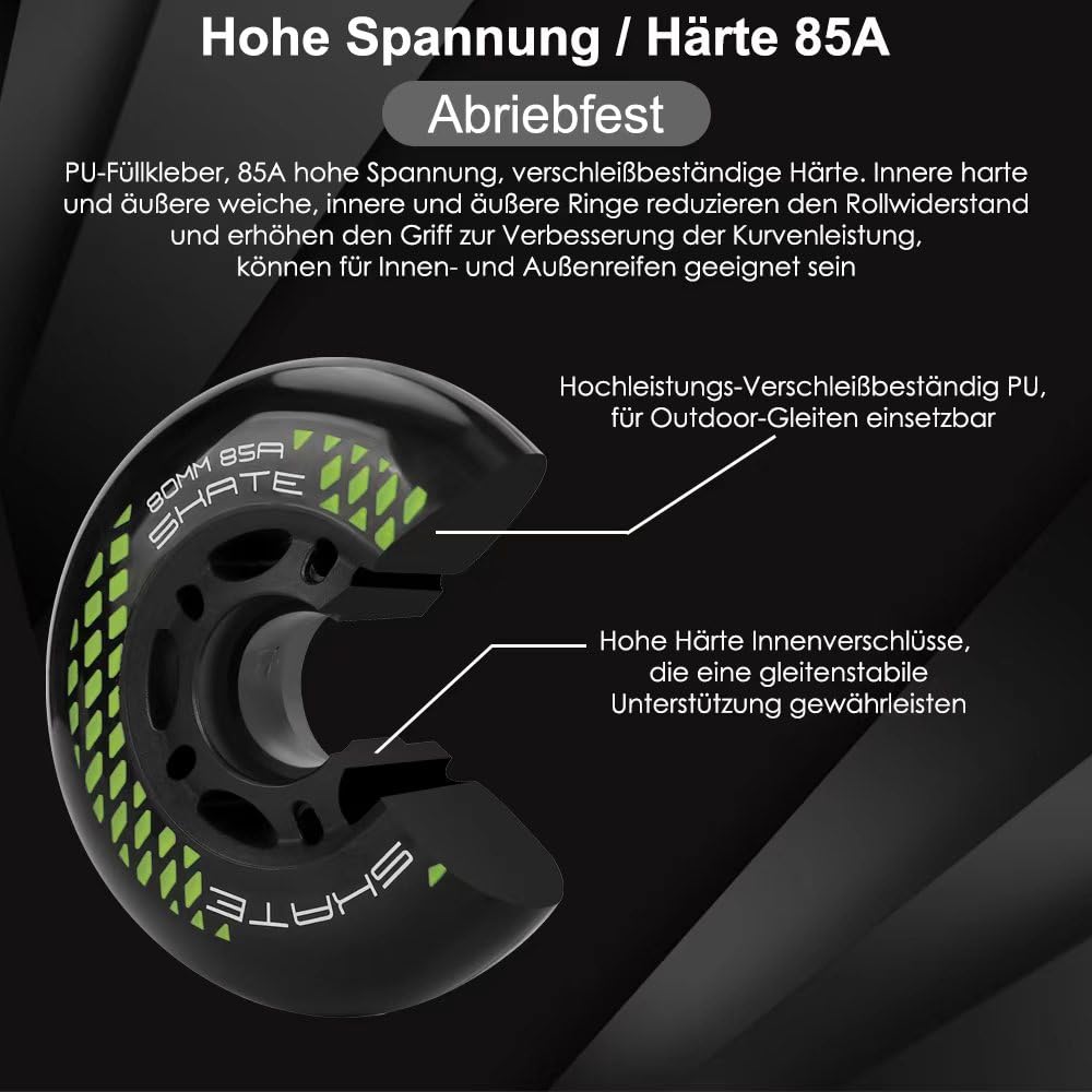 Inline Skate Rollen 80mm 76mm 72mm - 8 Stück Räder 85a Mit Kugellager ABEC9 | Für K2 Hudora Gonex Apollo (B Schwarz/80MM)