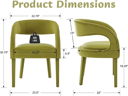 Miniatura 2 de Modern Barrel - Juego de 2 sillas de comedor tapizadas de terciopelo verde, sillas de comedor con respaldo abierto, sillas auxiliares con patas de
